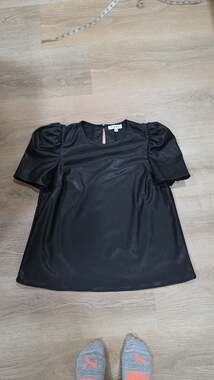 THML Black Faux Leather Puff Sleeve Blouse, Size m